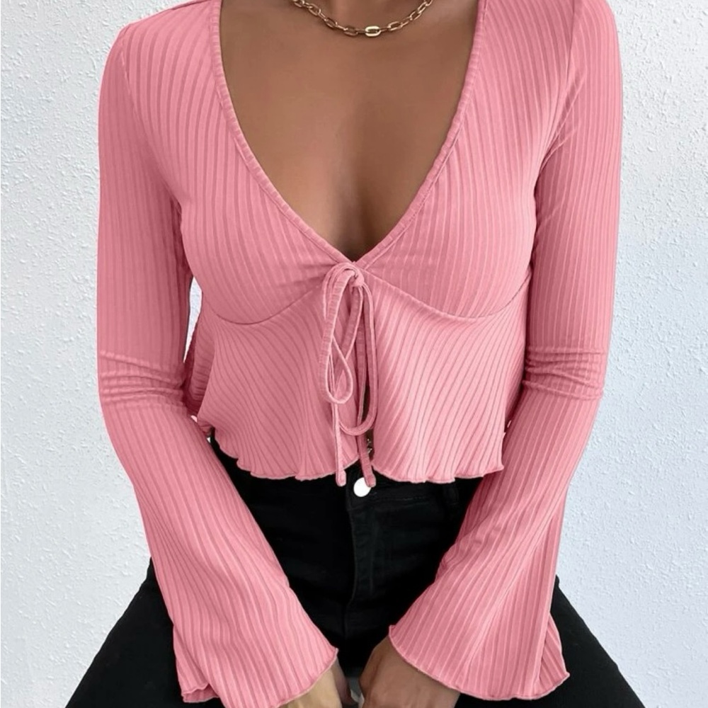 Long sleeve tie front ribbed knit top